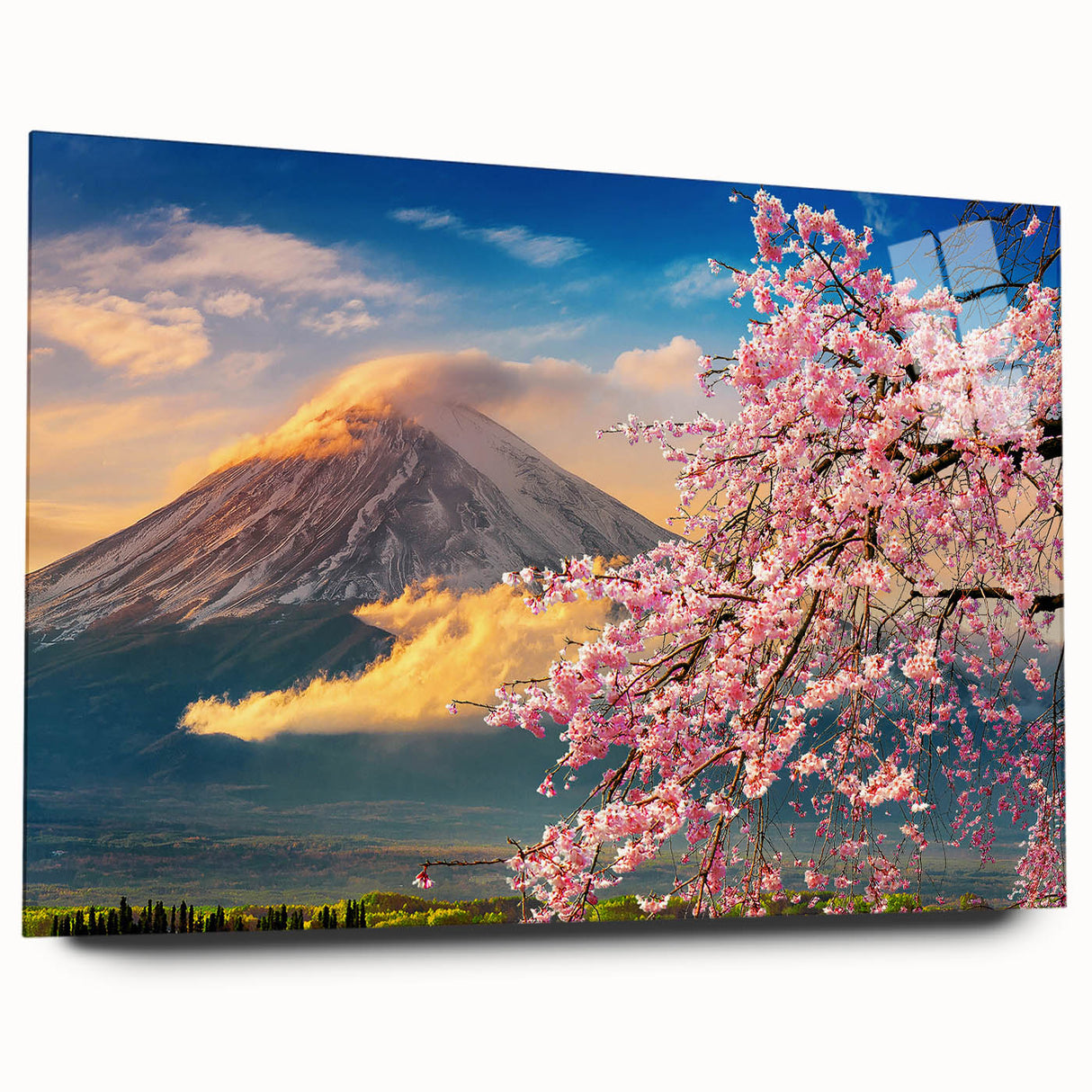 Large abstract wall art depicting a serene Japanese scenery in muted earth tones on acrylic glass.