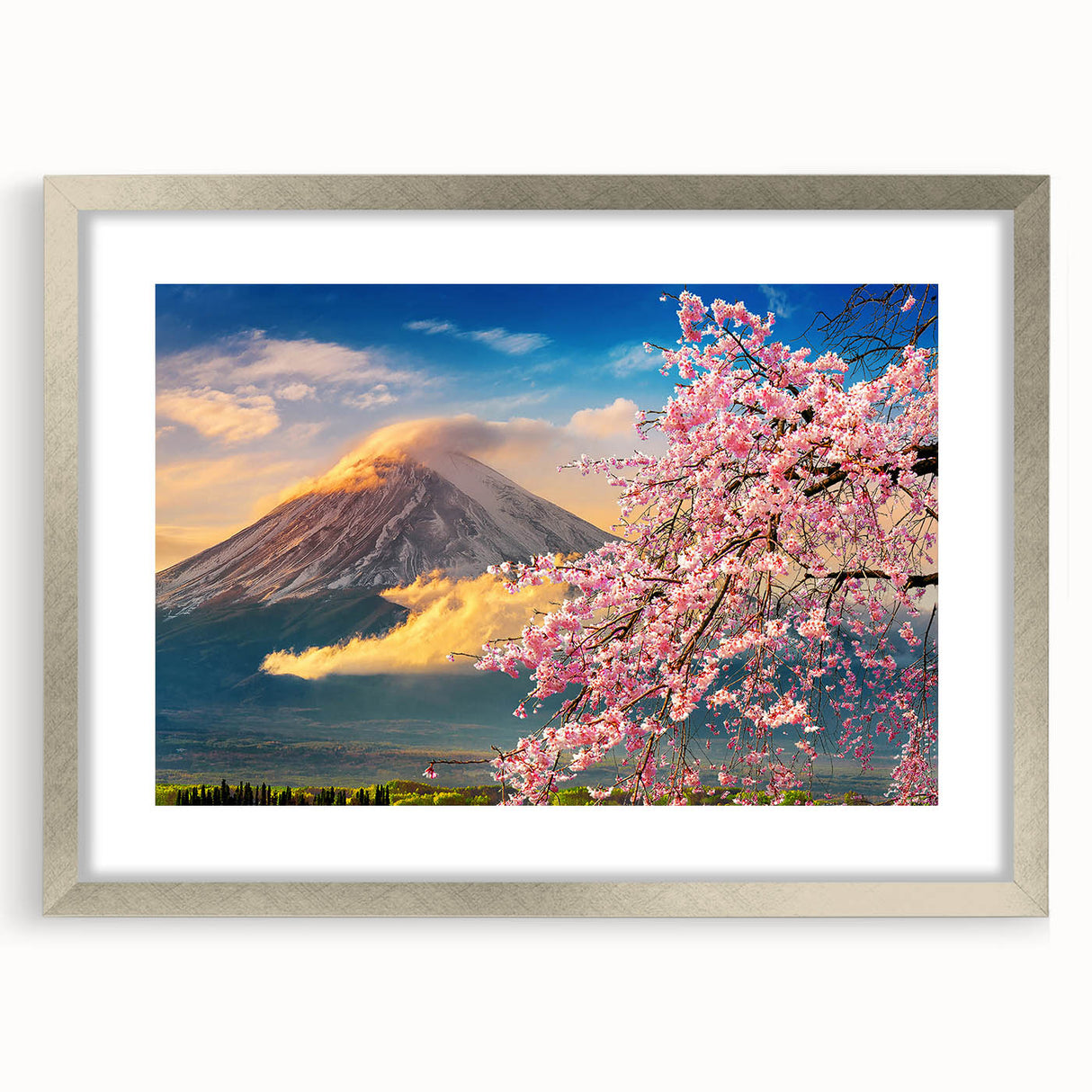 Textured abstract art print of a serene Japanese landscape in muted earth tones, framed in silver, ideal for bedroom decor.