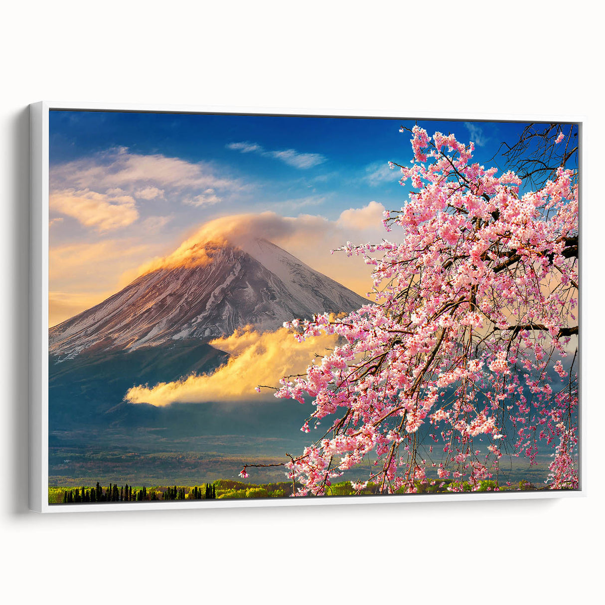Vintage poster art of a Japanese landscape in vibrant colors on extra large framed canvas, ideal for living room decor.