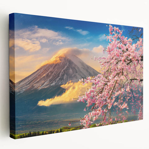 Large canvas print featuring a serene Japanese landscape with soft pink cherry blossoms and a distant mountain.