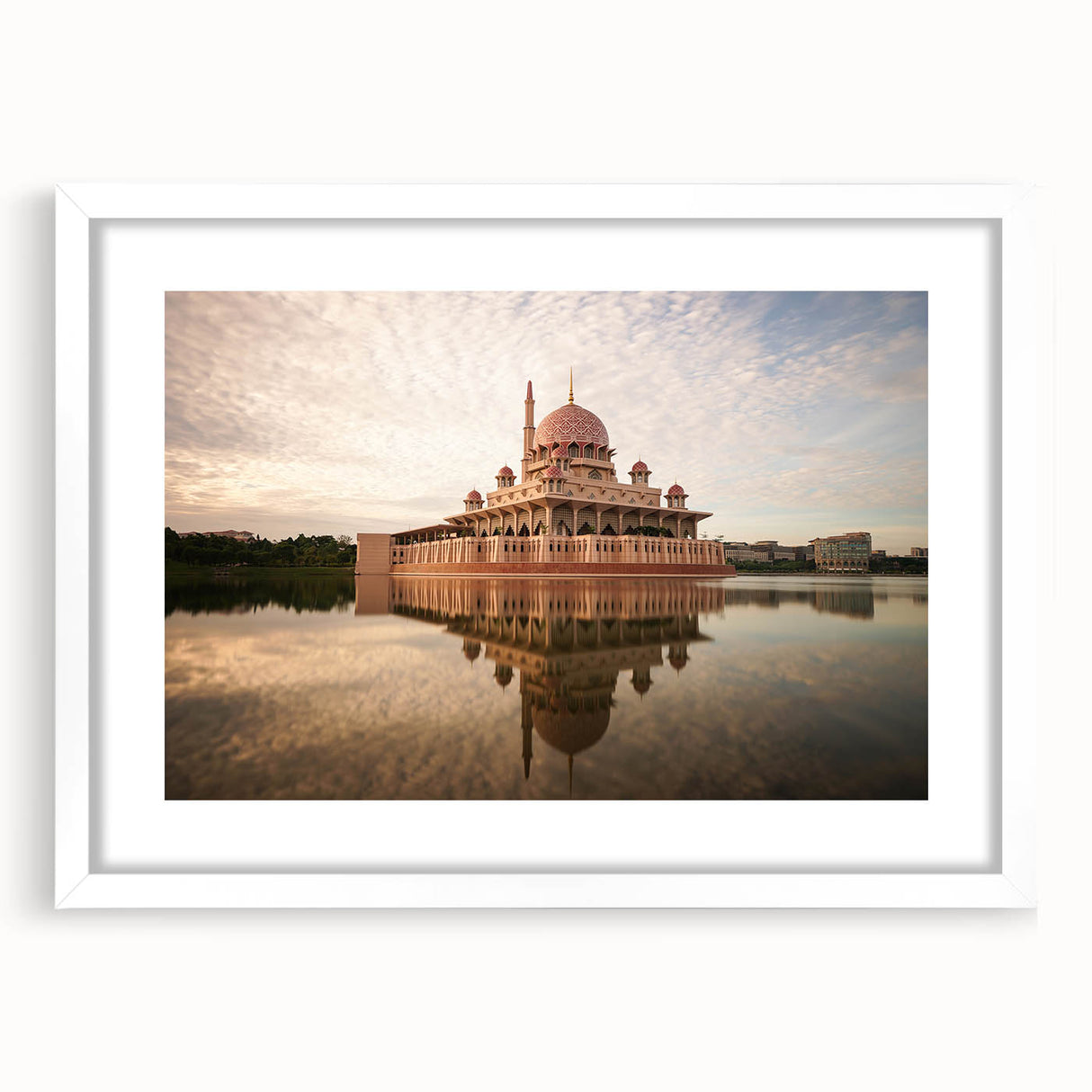 Abstract art print of a Malaysian landscape in muted earth tones on a white framed canvas, suitable for dining room decor.