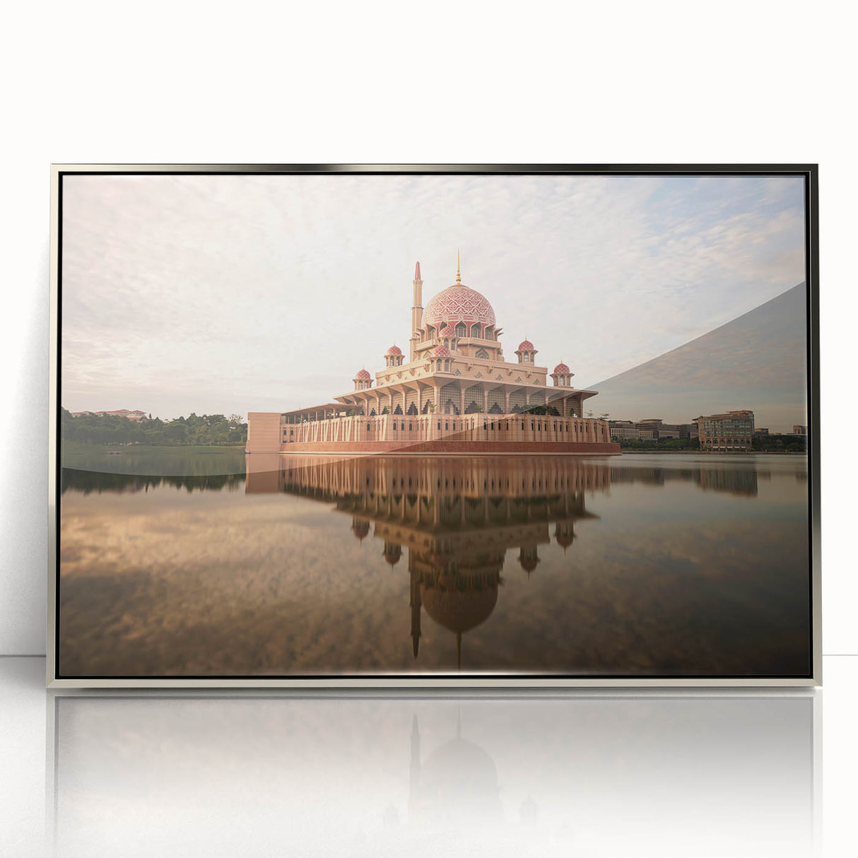 Mid-century modernist art depicting a tranquil Malaysian landscape in muted earth tones, framed acrylic print.