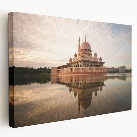 Large stretched canvas featuring a serene Malaysian landscape with lush greenery and distant mountains.