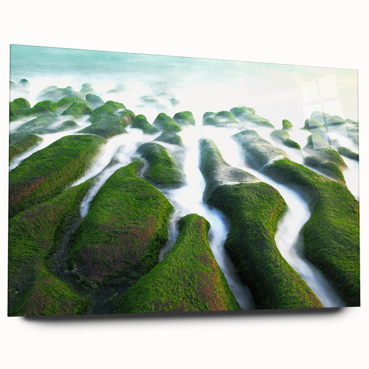 Large abstract wall art of a Taiwan scenery in muted earth tones on acrylic glass, ideal for bedroom or dining room decor.