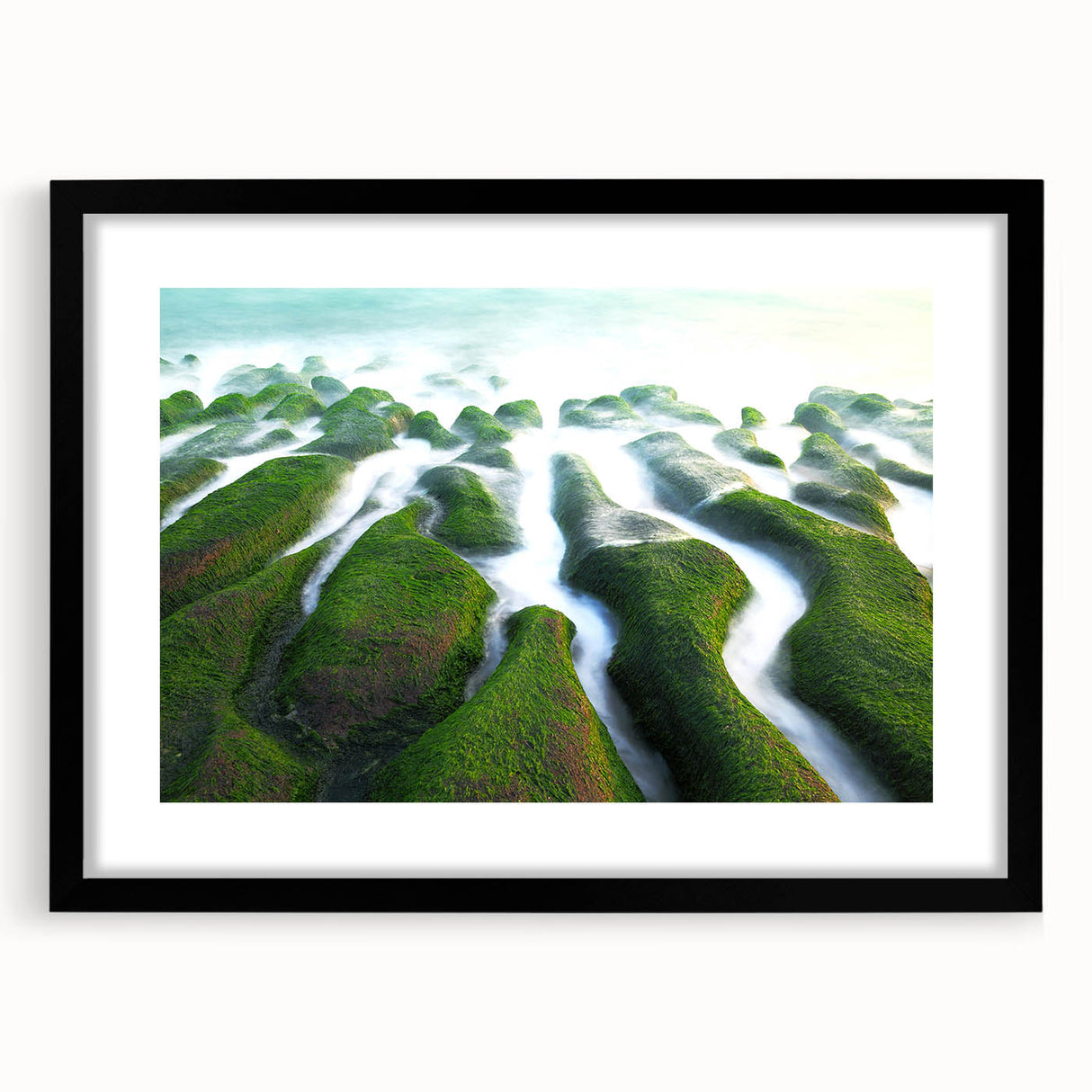 Extra large abstract art print depicting colorful, textured scenery of Taiwan, framed in black, ideal for living room decor.