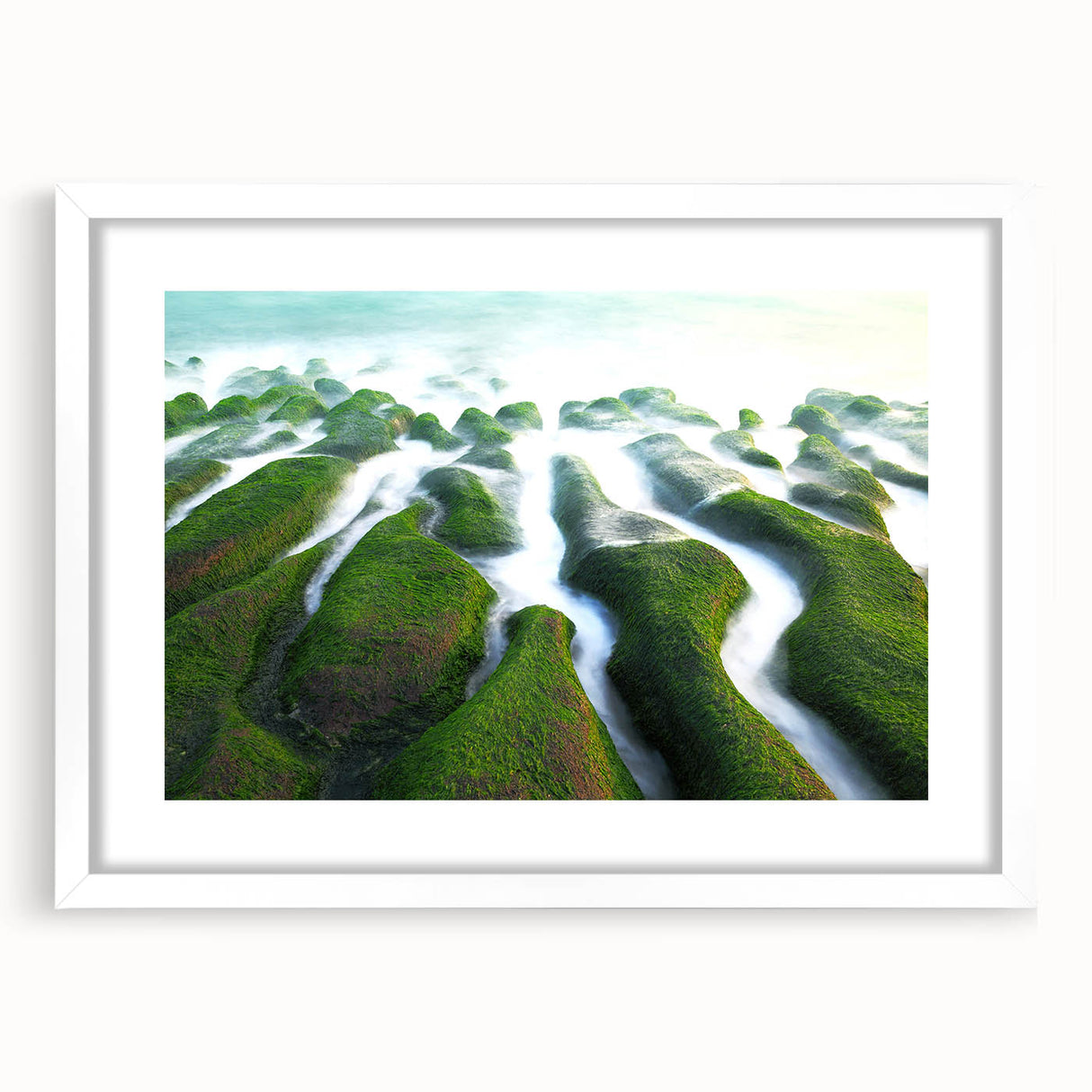 Abstract art print of a serene Taiwanese landscape in muted green and blue tones, framed with a white mat.