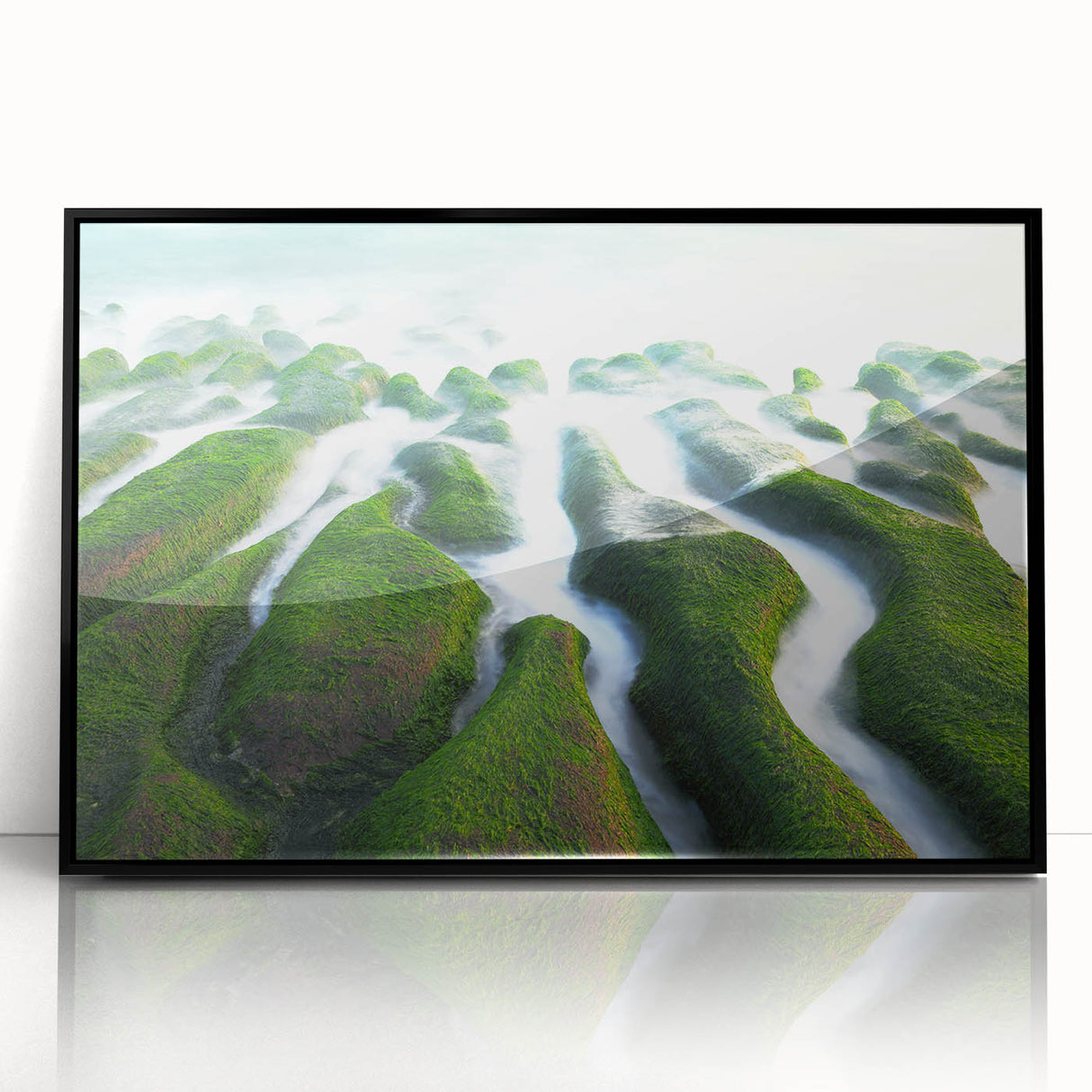 Large abstract wall art depicting a Taiwan scenery in muted earth tones, framed in black acrylic.