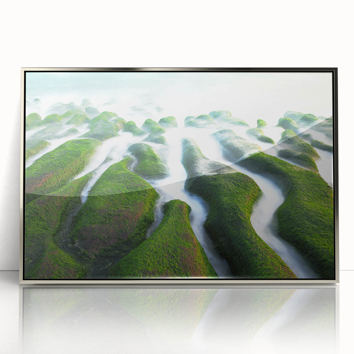 Mid-century modernist art depicting a serene Taiwan landscape in muted earth tones, framed acrylic.