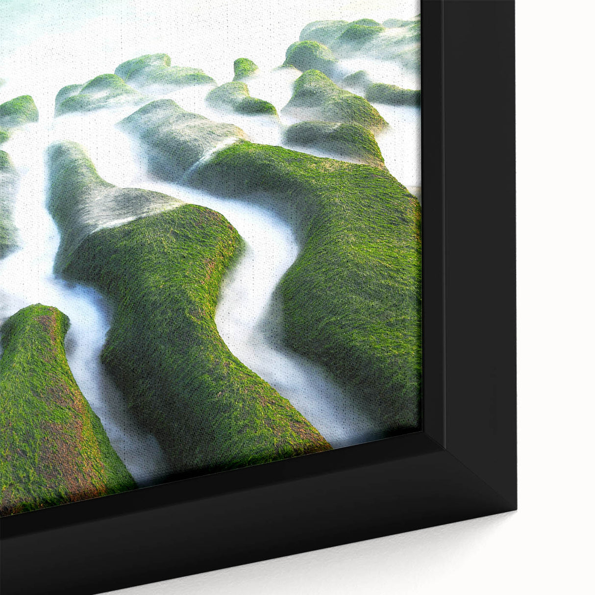 Extra large framed canvas featuring a textured, colorful depiction of a Taiwan landscape in black.
