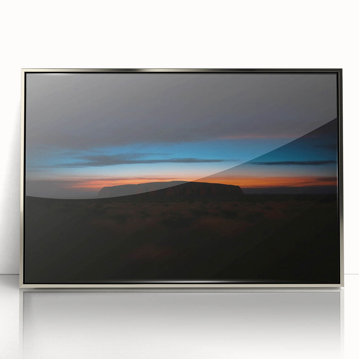 Framed acrylic print of Ayers Rock in muted earth tones, ideal for modern art wall decor.