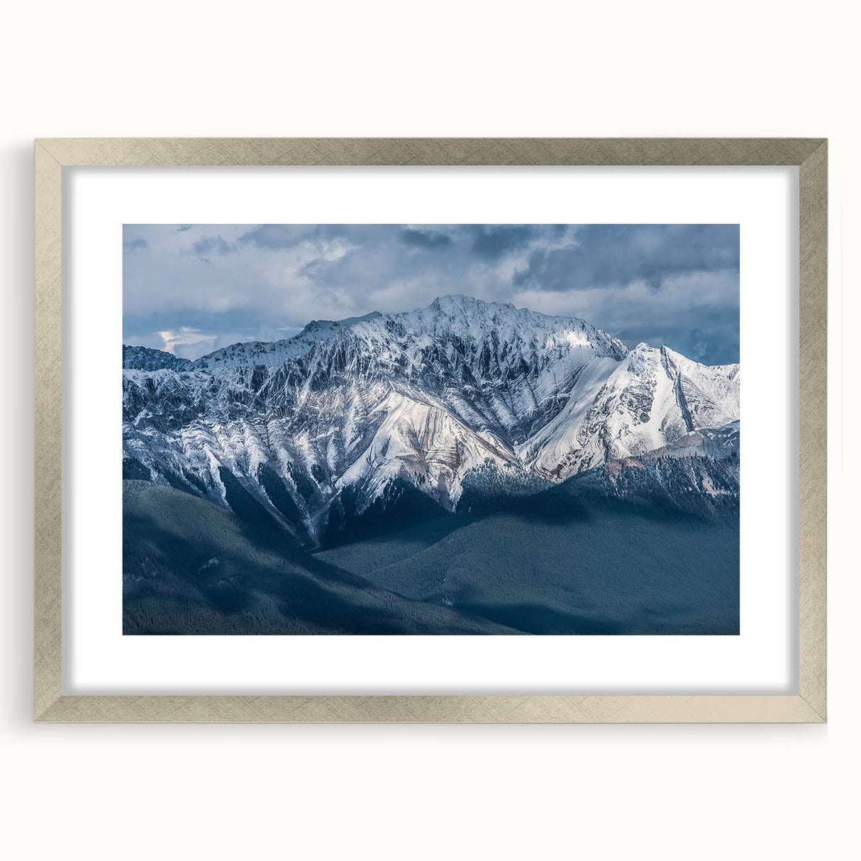 Textured art print depicting an abstract British Columbia landscape in muted earth tones, framed in silver.