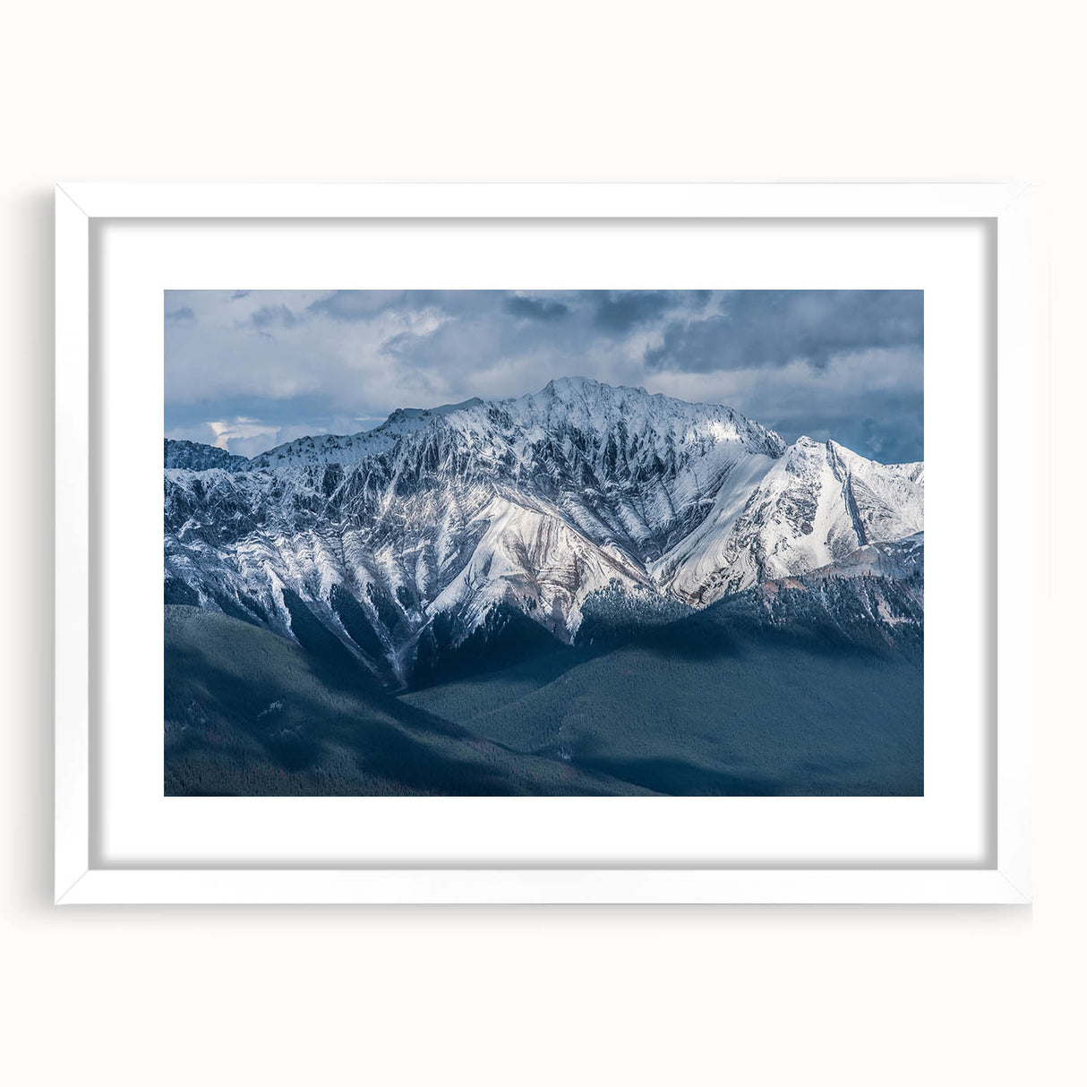 Abstract art print featuring a serene British Columbia landscape in muted earth tones, framed with a white mat.
