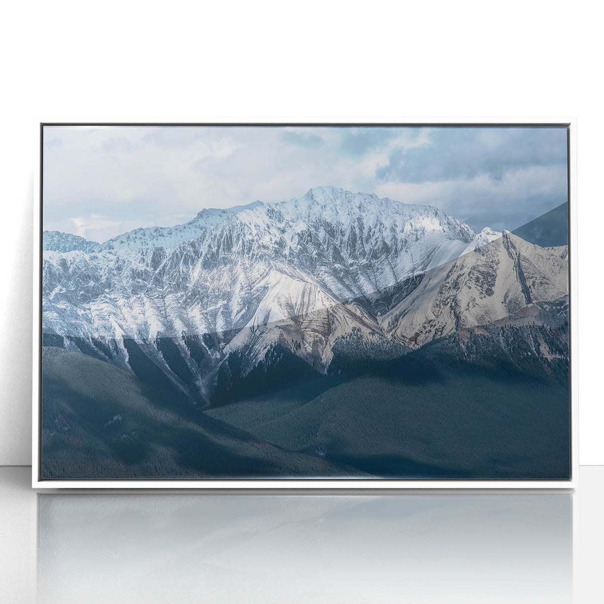 Acrylic print of British Columbia scenery in art deco style with muted blue and green tones, ideal for nursery wall decor.