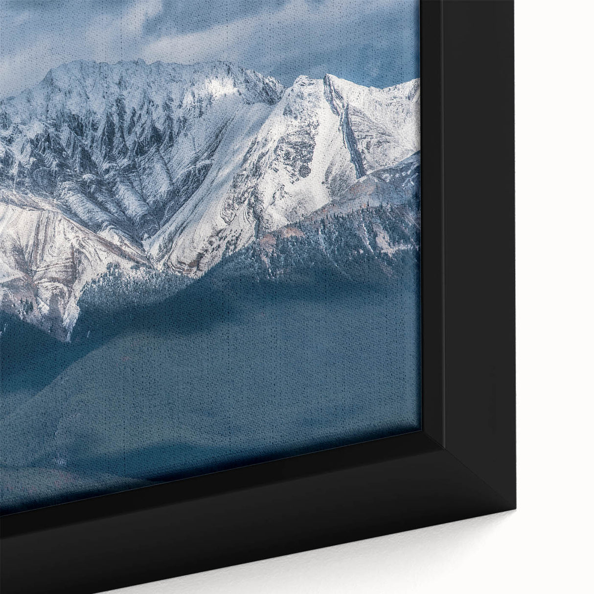 Extra large framed canvas featuring a textured, colorful abstract of British Columbia's scenery in black.