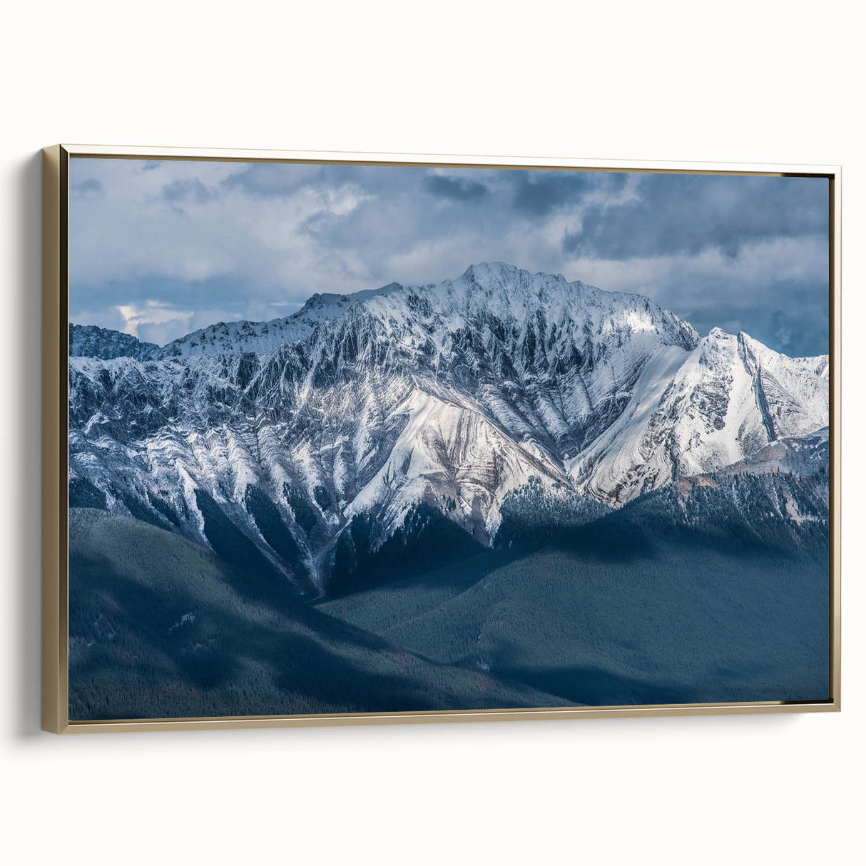 Framed canvas depicting a vintage-style landscape of British Columbia in gold and black tones, ideal for bedroom wall art.