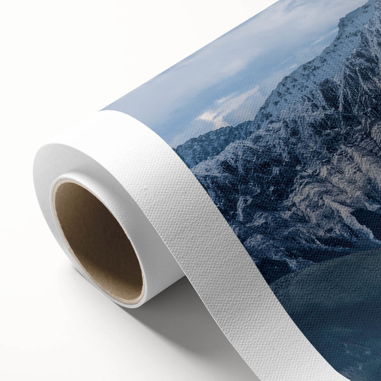 Art Deco poster of British Columbia scenery on rolled canvas, featuring muted green and blue tones.