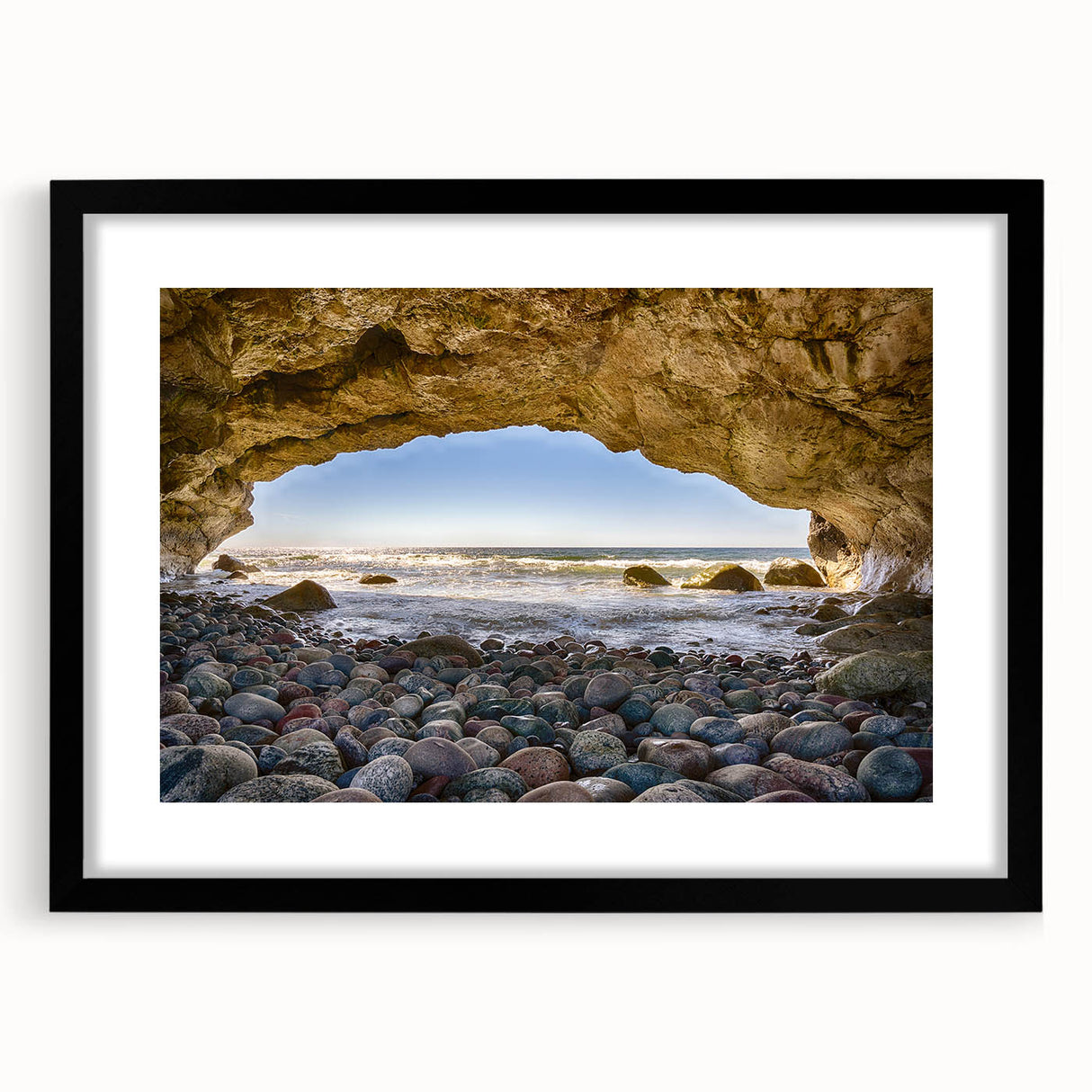 Extra large abstract art print of a colorful Newfoundland scenery on textured canvas, framed in black.