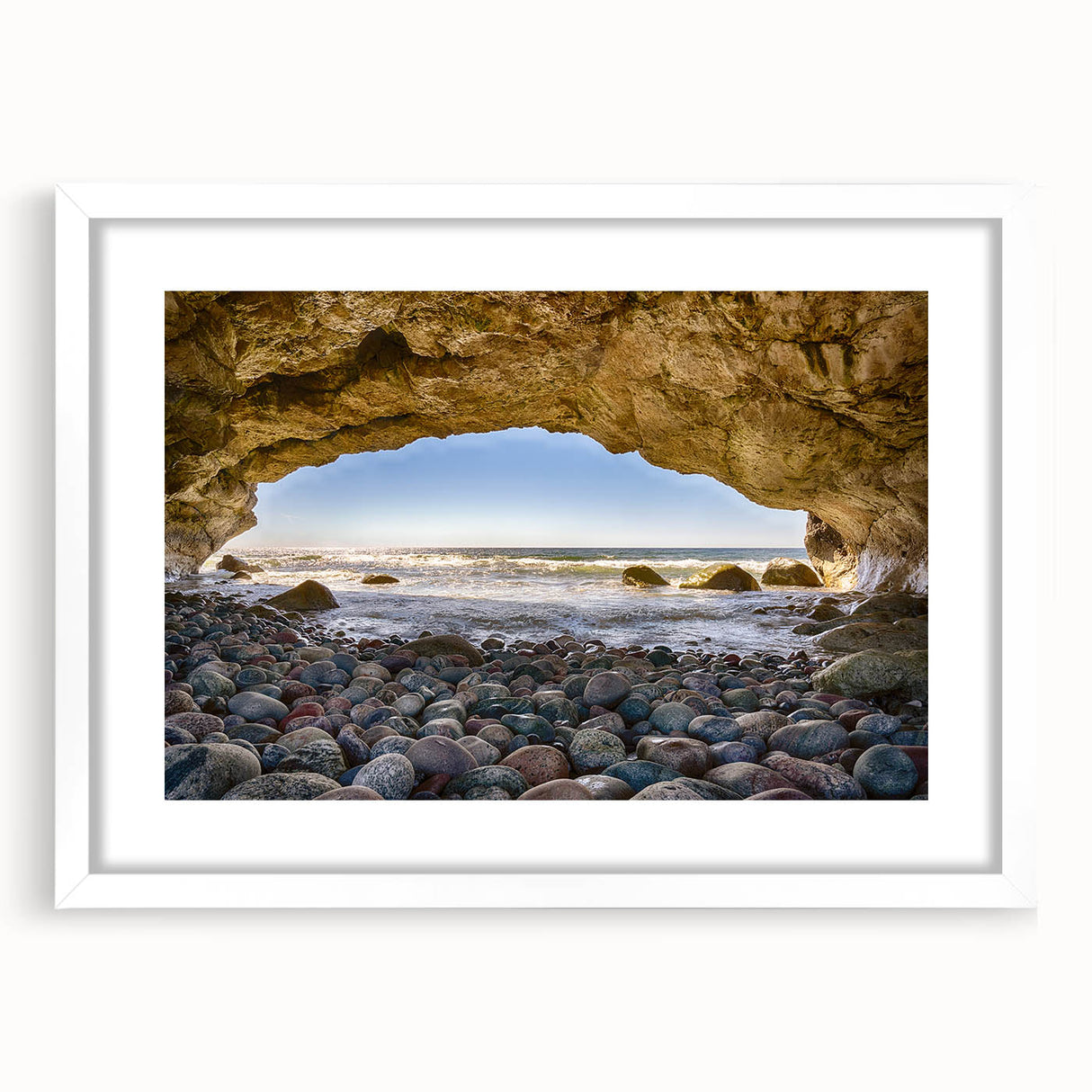 Abstract art print depicting a serene Newfoundland scenery in muted blue and green tones on a framed white mat.