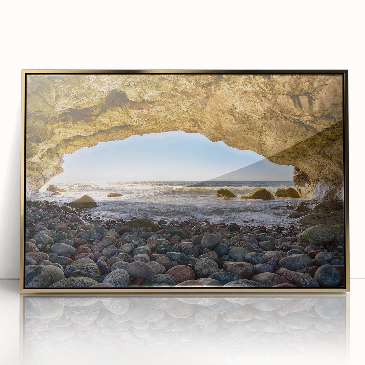 Mid-century modernist large art print of Newfoundland scenery in gold frame, ideal for modern art wall decor.