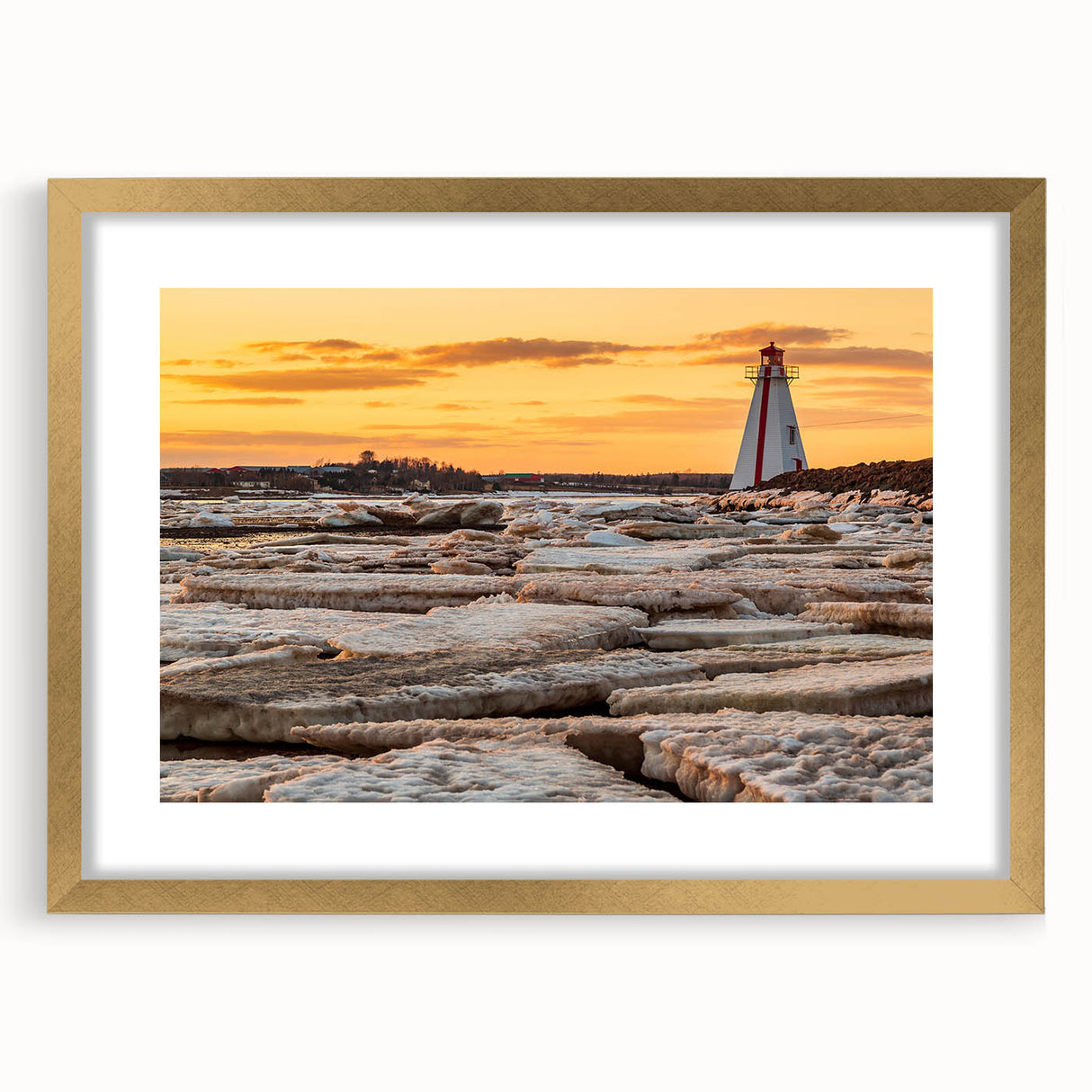 Extra large textured abstract art print of a Prince Edward Island scenery in a gold frame, suitable for living room decor.