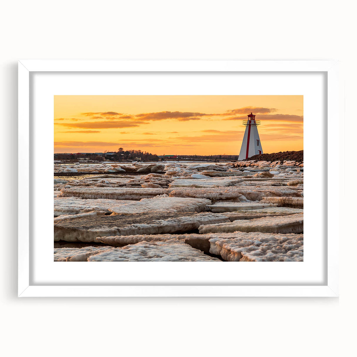 Abstract art print of Prince Edward, Canada scenery in muted earth tones on a framed white mat, ideal for dining room decor.