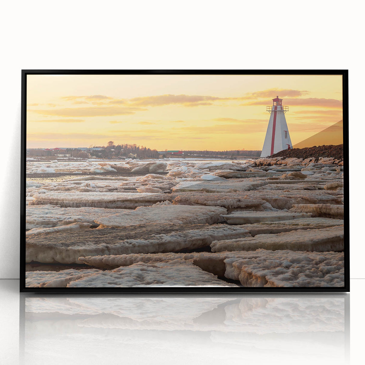 Large abstract wall art depicting a scenic Canadian landscape in muted earth tones, framed in black acrylic.