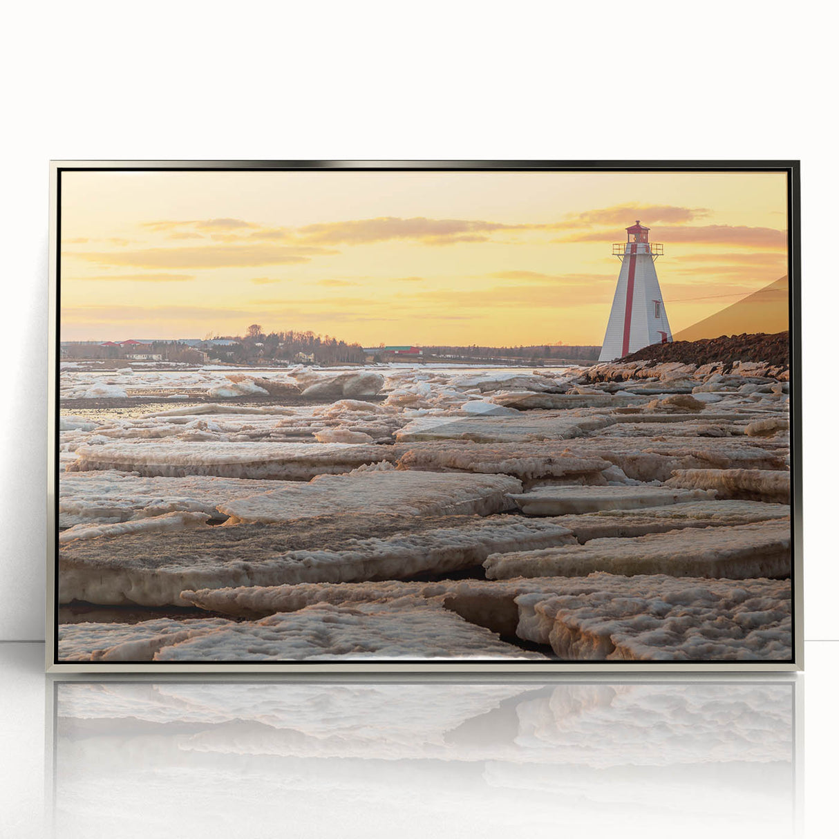 Mid-century modernist art depicting Prince Edward Island in muted earth tones, framed acrylic, ideal for nursery wall decor.