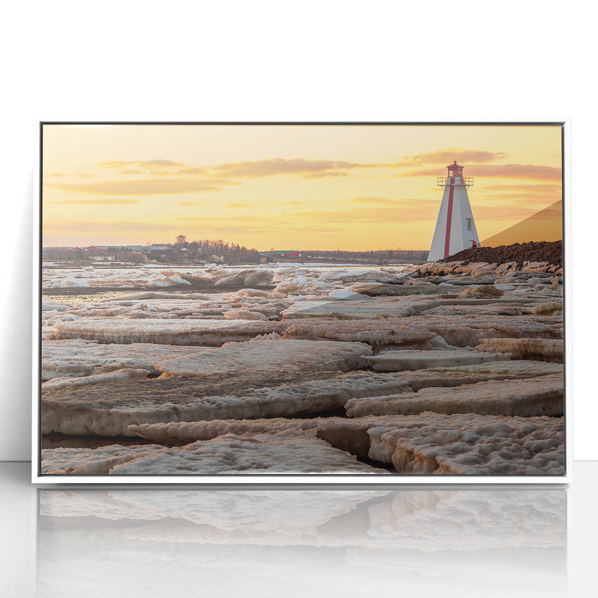 Acrylic print of Prince Edward Island scenery in muted green and blue tones, framed in white.