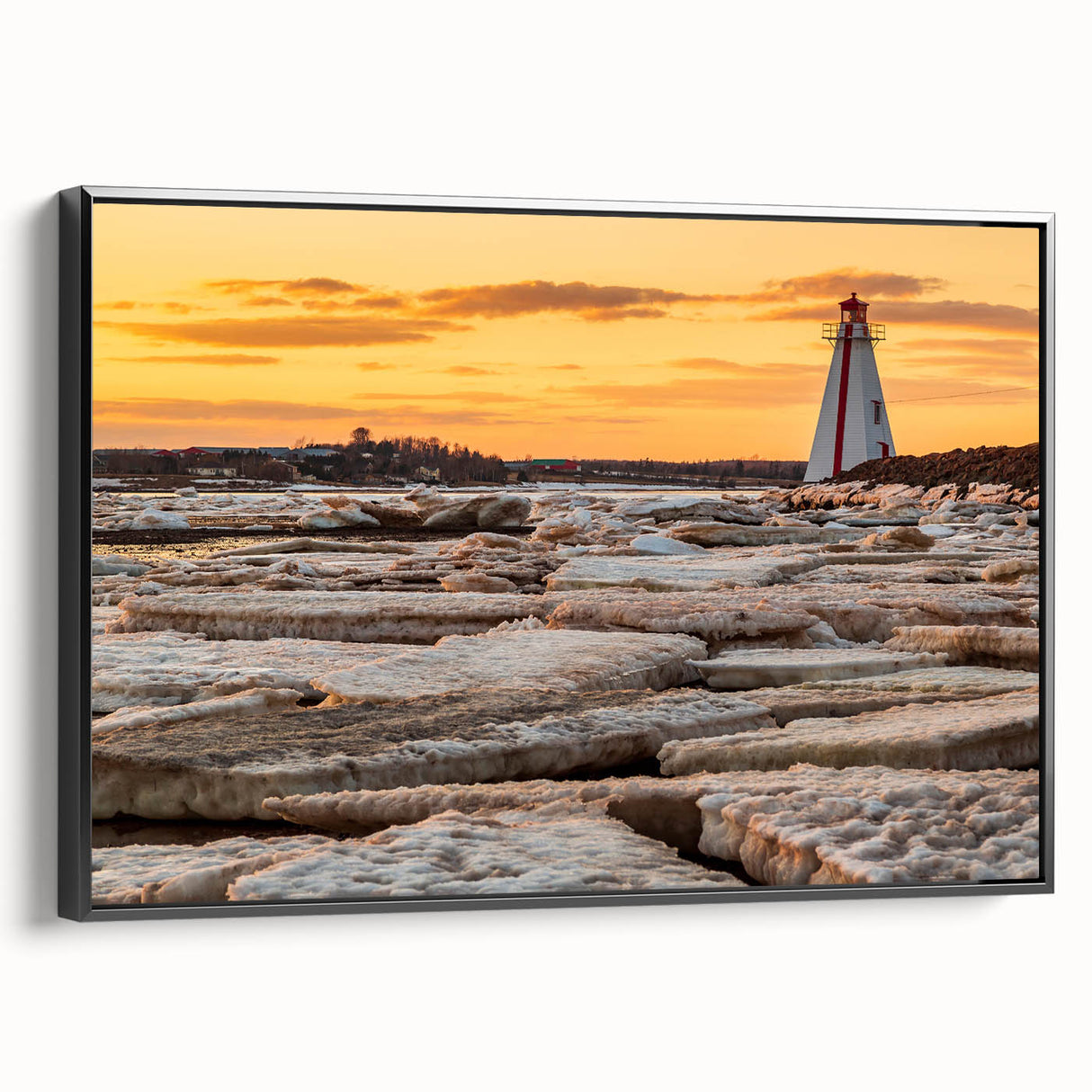 Black and white framed canvas depicting a vintage-style Prince Edward Island landscape, ideal for bedroom wall art.