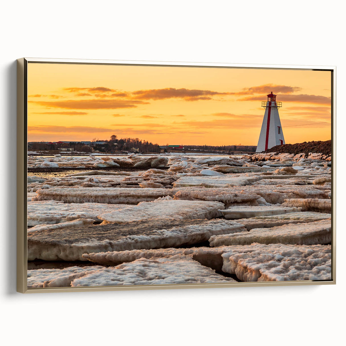 Framed canvas featuring a vintage-style landscape painting of Prince Edward, Canada, in muted earth tones.