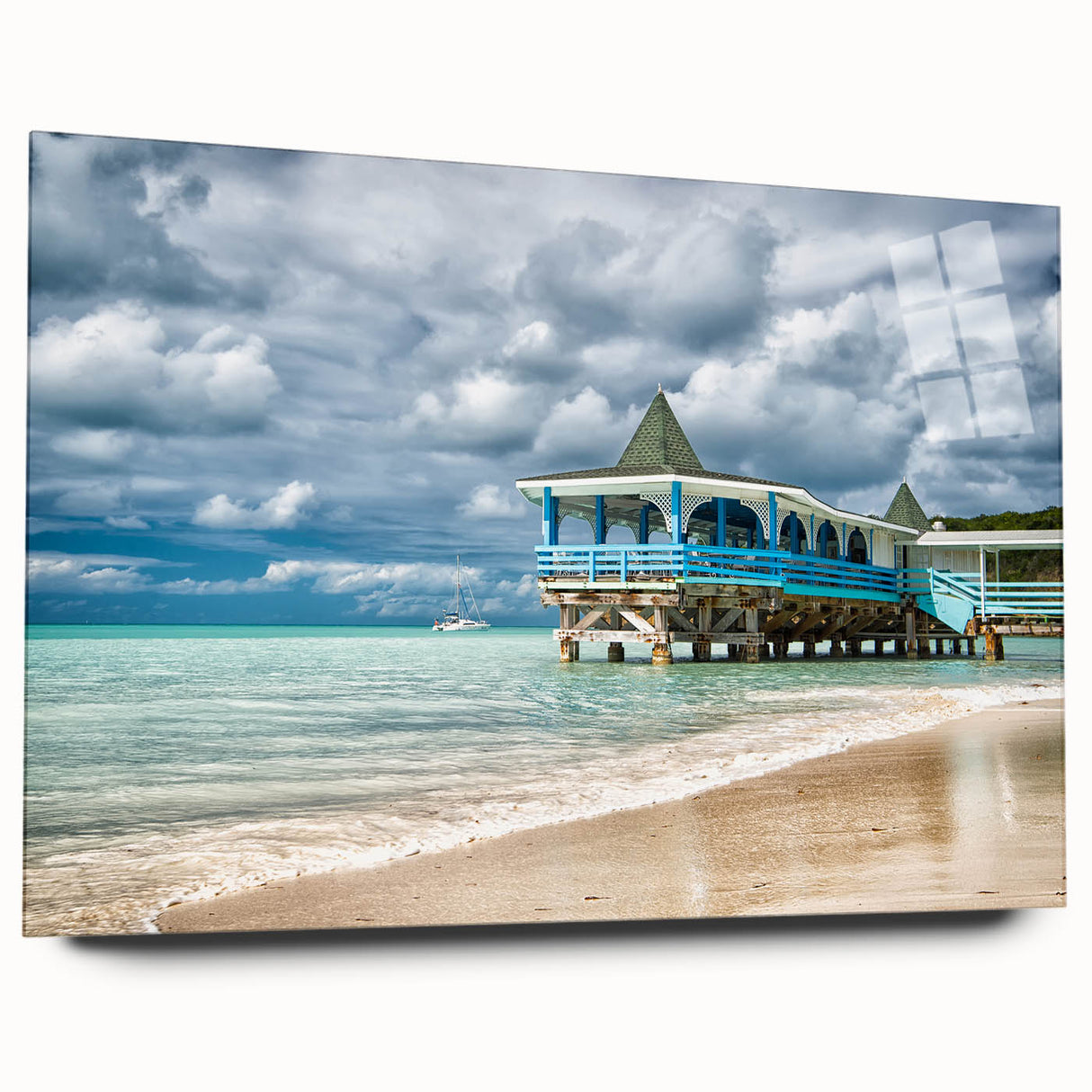 Large abstract wall art of Caribbean scenery on acrylic glass, with vivid blue and green tones.