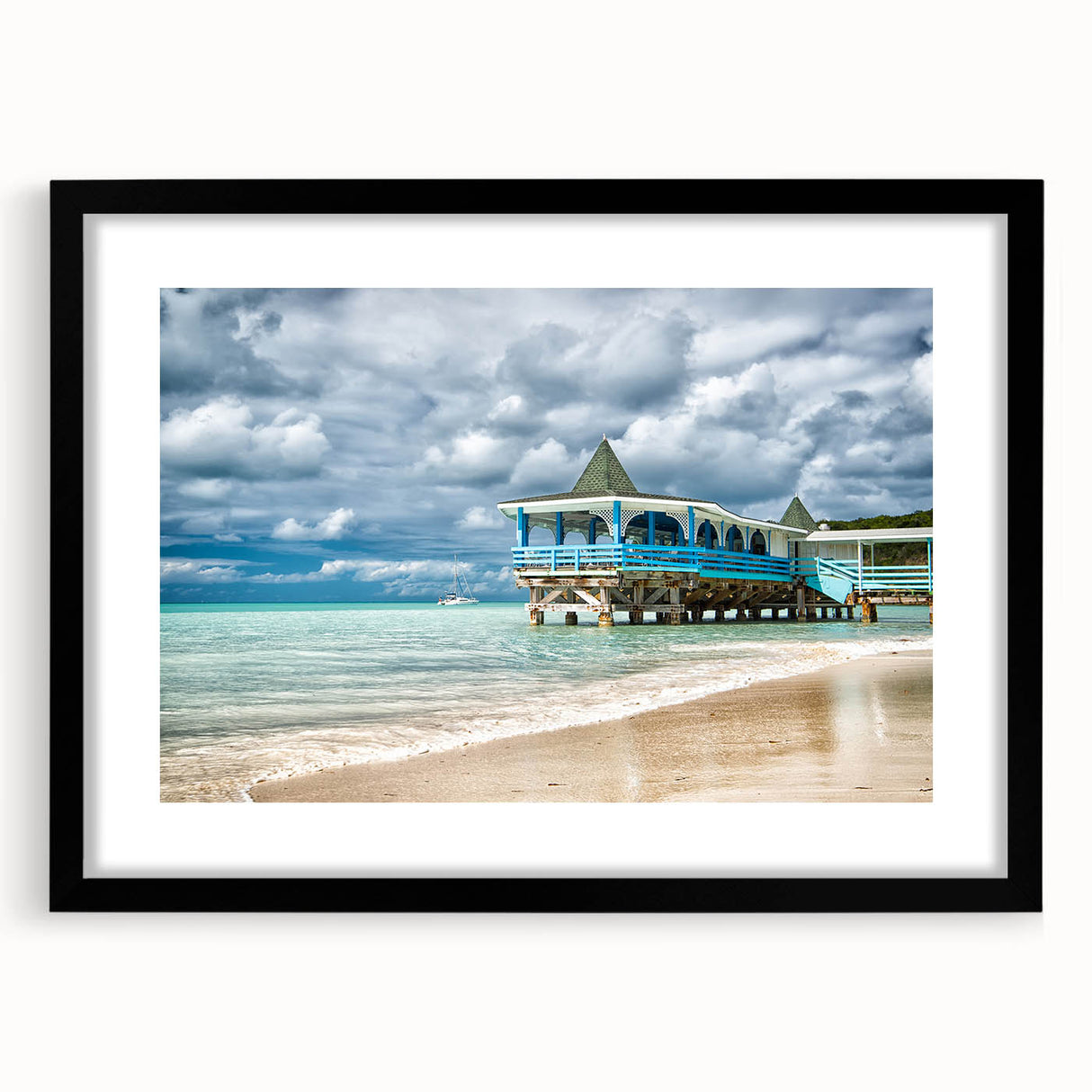 Extra large abstract art print of a colorful Caribbean scenery on textured canvas, framed in black.