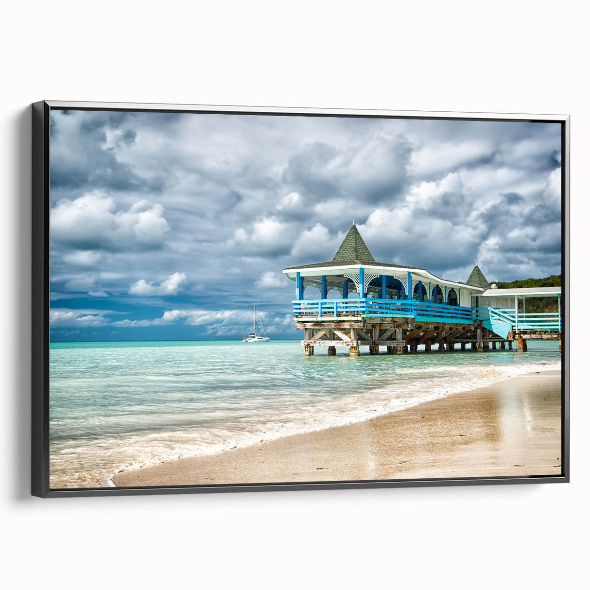 Framed canvas featuring a black and white vintage-style landscape of Antigua, ideal for bedroom wall decor.