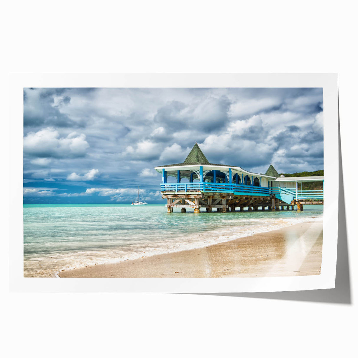 Extra large rolled print of a Caribbean Antigua scenery with vibrant ocean and floral elements.
