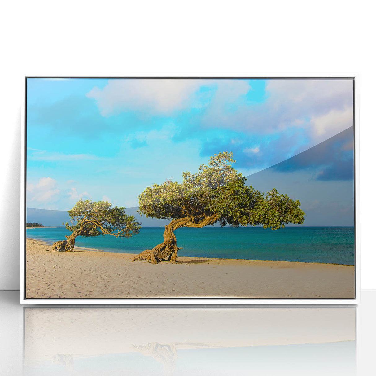 Mid-century modernist art of a Caribbean scene, with vibrant blue and green hues, acrylic print in a white frame.