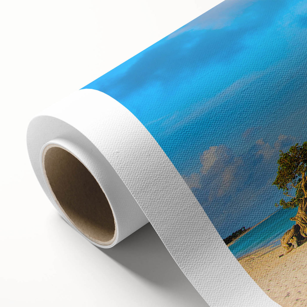 Art deco poster of a Caribbean beach scene in pastel shades on rolled canvas, ideal for nursery wall art.