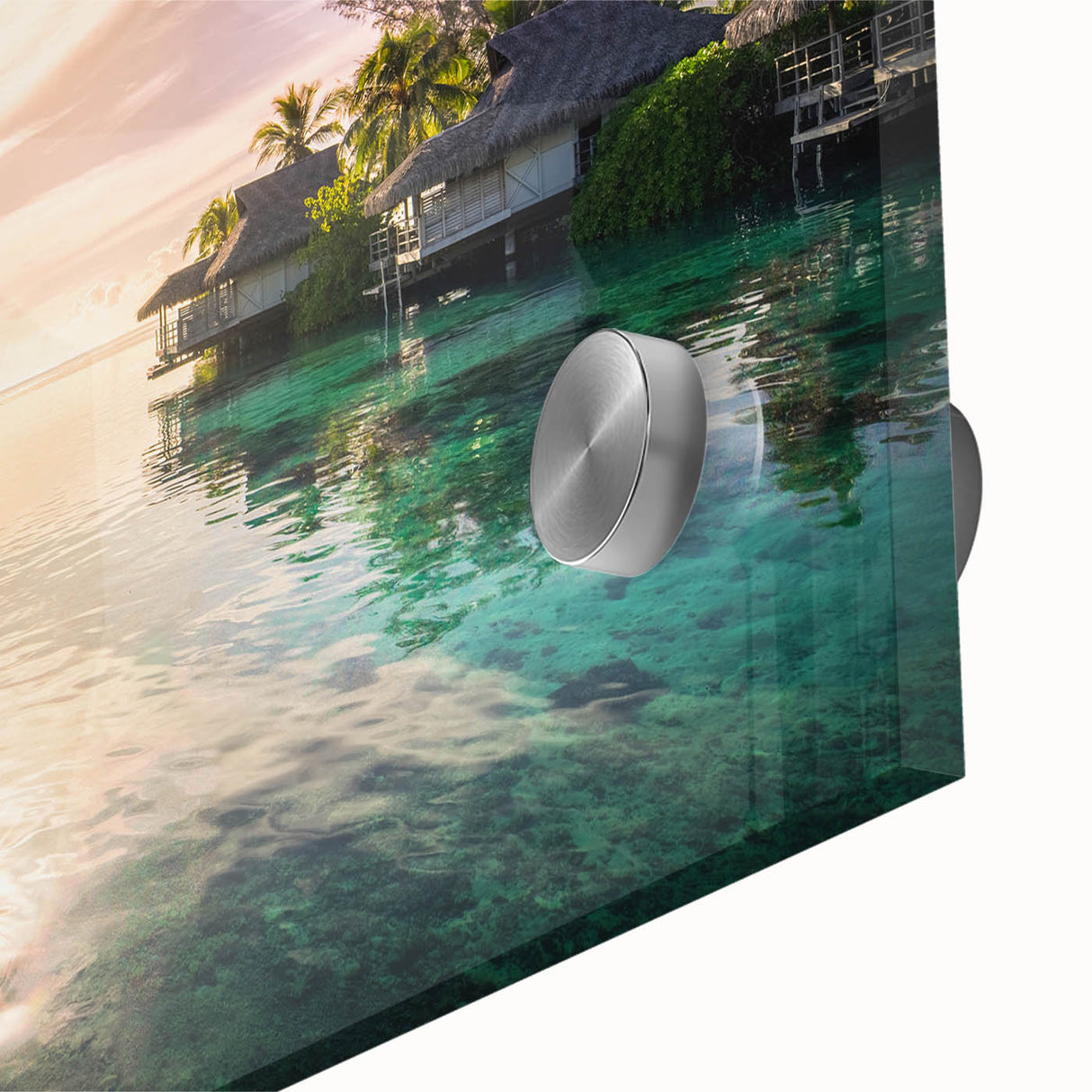 Large abstract wall art featuring Caribbean scenery in vibrant blues and greens on acrylic glass.