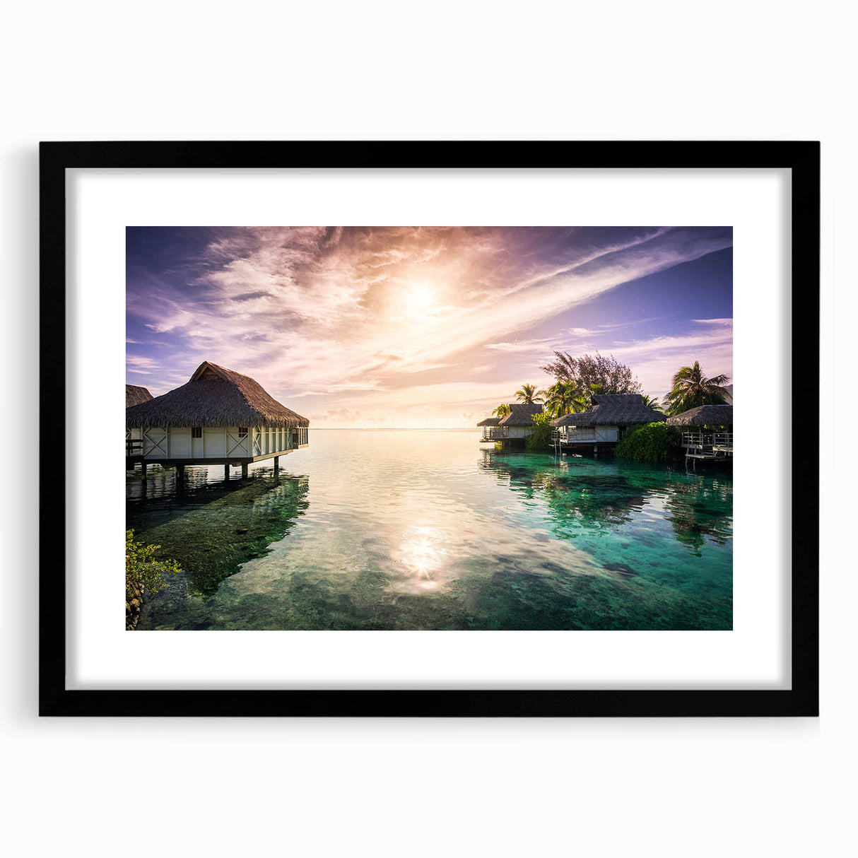 Extra large abstract art print of a colorful Caribbean scenery in a black frame, ideal for living room decor.