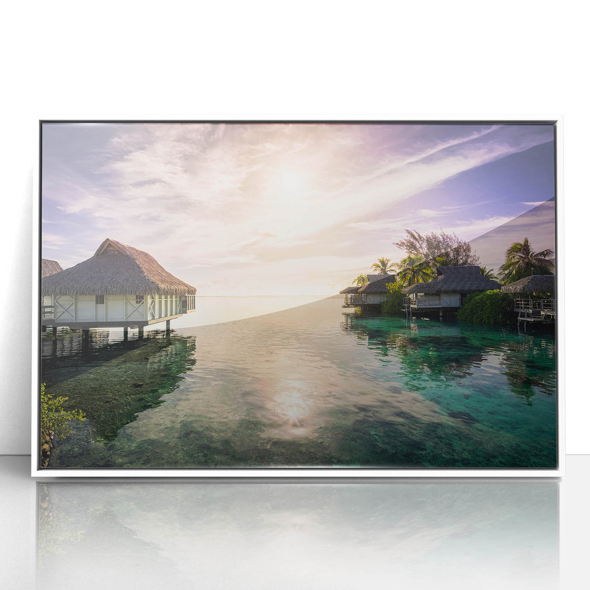 Mid-century modernist art depicting a serene Caribbean scene in pastel shades on a framed acrylic.