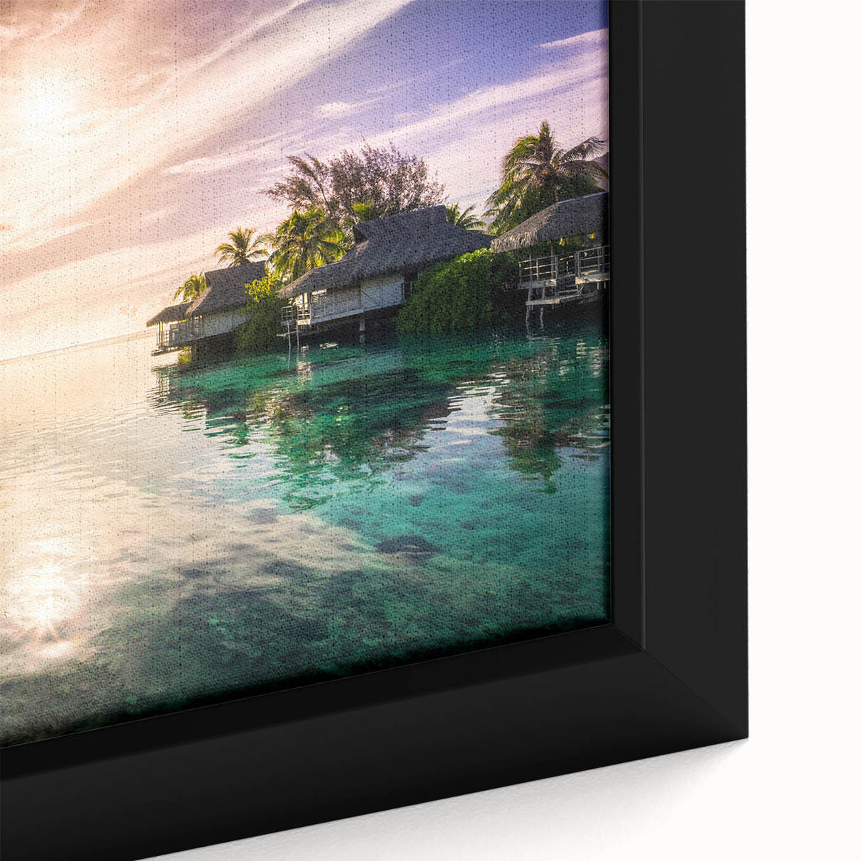 Black wall art featuring a textured, colorful Caribbean scenery on a framed canvas, ideal for living room decor.
