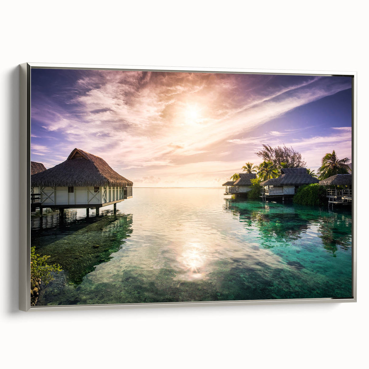 Framed canvas depicting a vintage-style landscape of the Caribbean, in muted blues and greens, ideal for bedroom wall art.