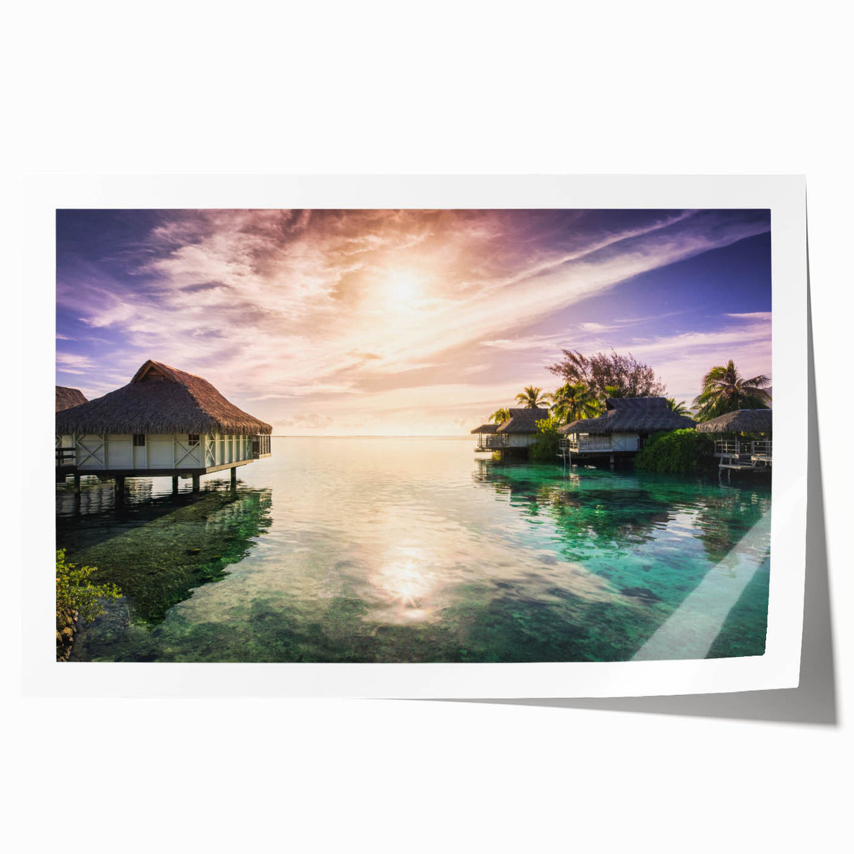 Caribbean beach scene in pastel shades on a rolled canvas, ideal for art wall dining room.