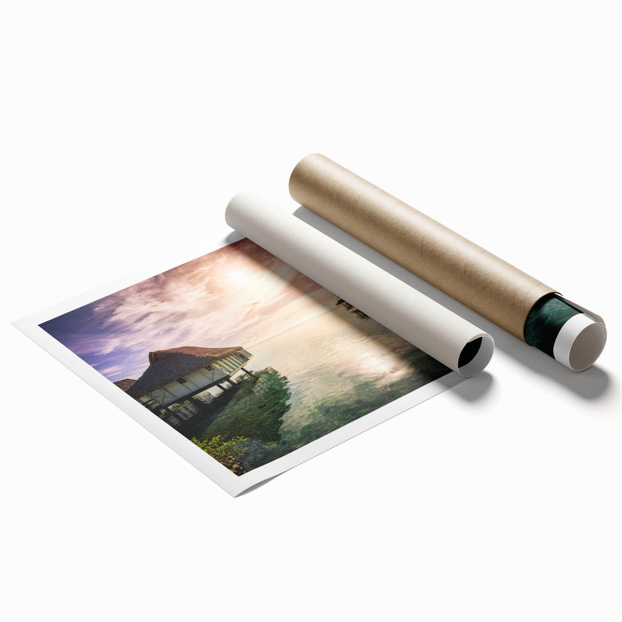 Extra large rolled print featuring a serene Barbados beach scene with soft pastel shades, ideal for classy bathroom wall art.