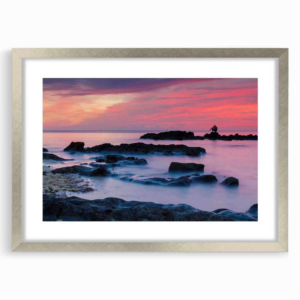 Extra large abstract art print featuring textured swirls in blue and green hues, framed in silver.