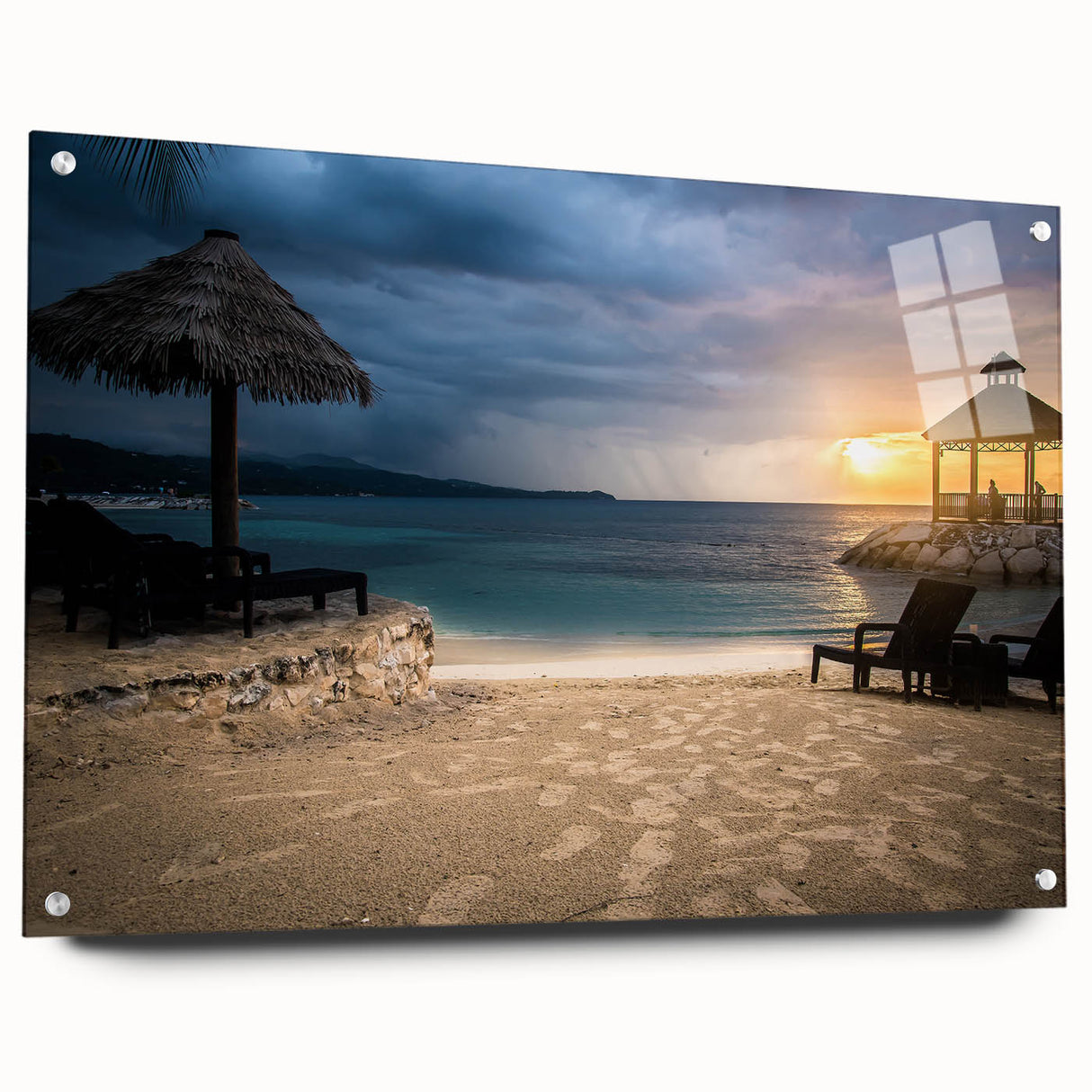 Acrylic print of a Jamaican landscape with vibrant green and blue tones, suitable for dining room or bedroom decor.