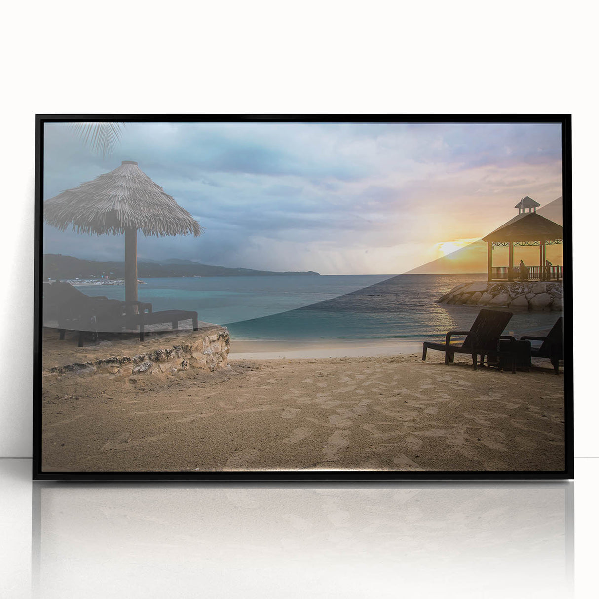 Large abstract wall art of a Caribbean scene in muted blues and greens on framed acrylic, ideal for modern living room decor.