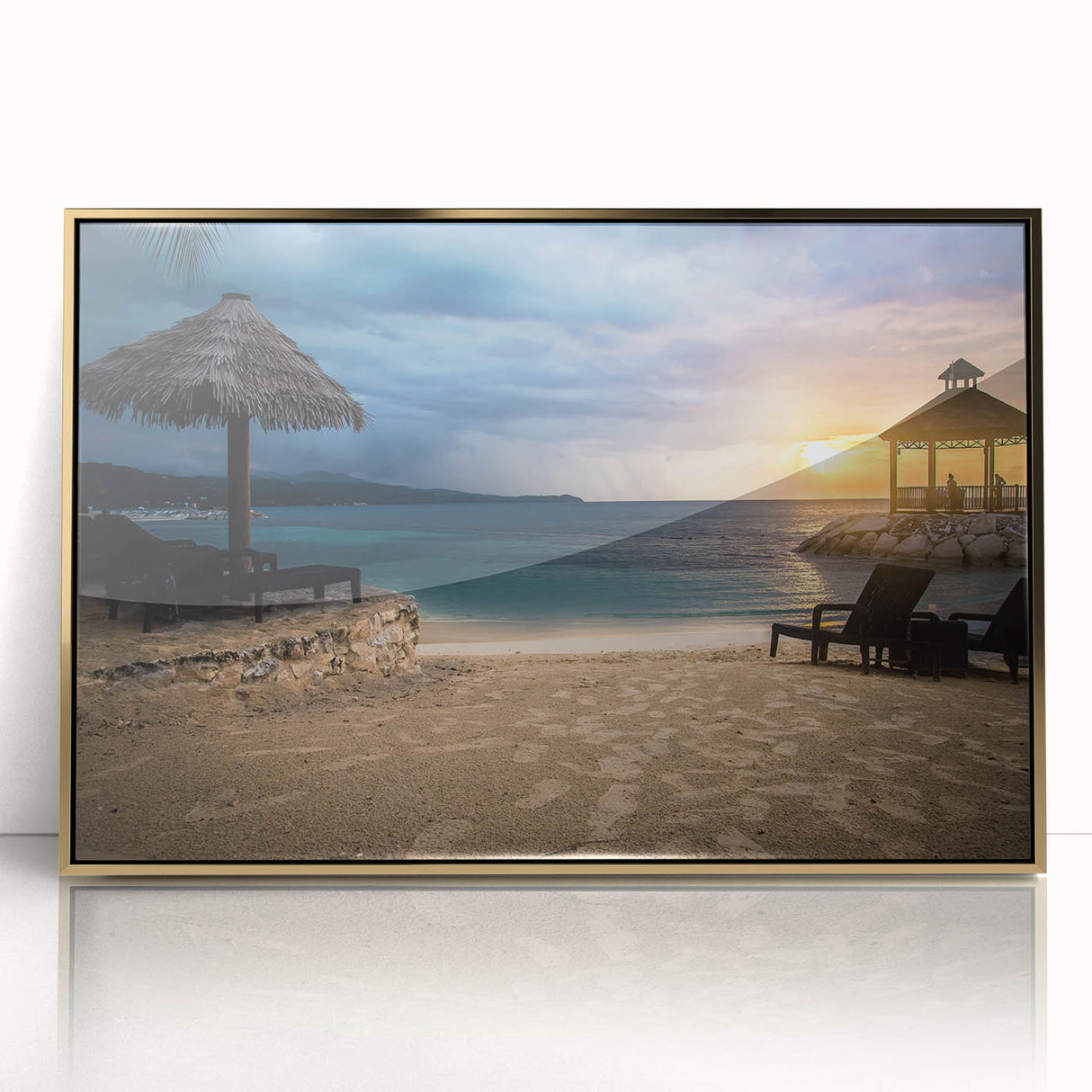 Art deco poster of a Caribbean scenery in vibrant colors on a framed acrylic, suitable for modern art wall decor.