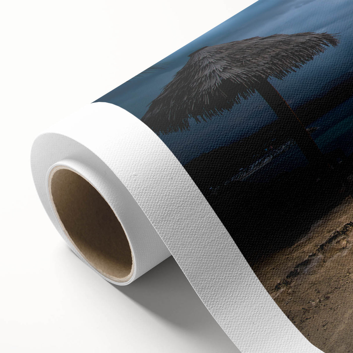 Art deco poster of a Caribbean Jamaican scenery on rolled canvas, in vibrant greens and blues, ideal for nursery wall art.