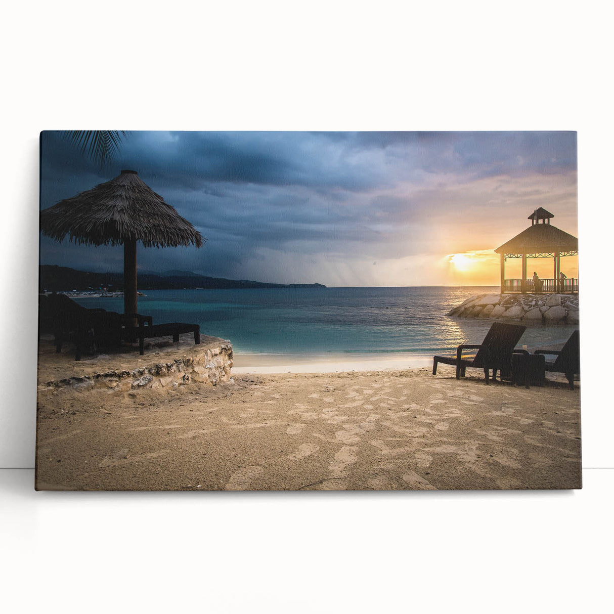 Large black and white wall art of Caribbean scenery on stretched canvas, ideal for kitchen art.
