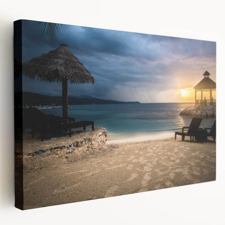 Large art depicting a serene Caribbean beach scene in muted blues and greens on stretched canvas.